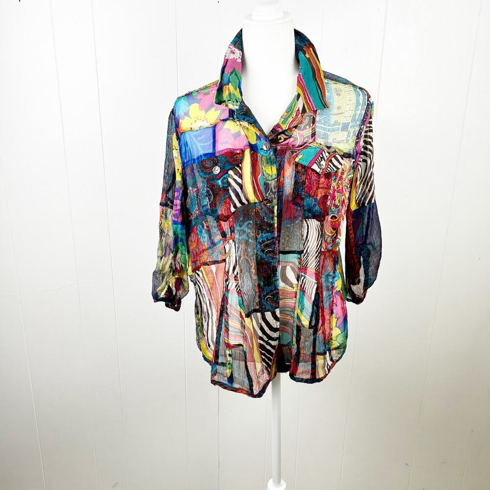 Chico's Black Semi Sheer Floral Animal Print ]Silk Blend Button Up Top 2